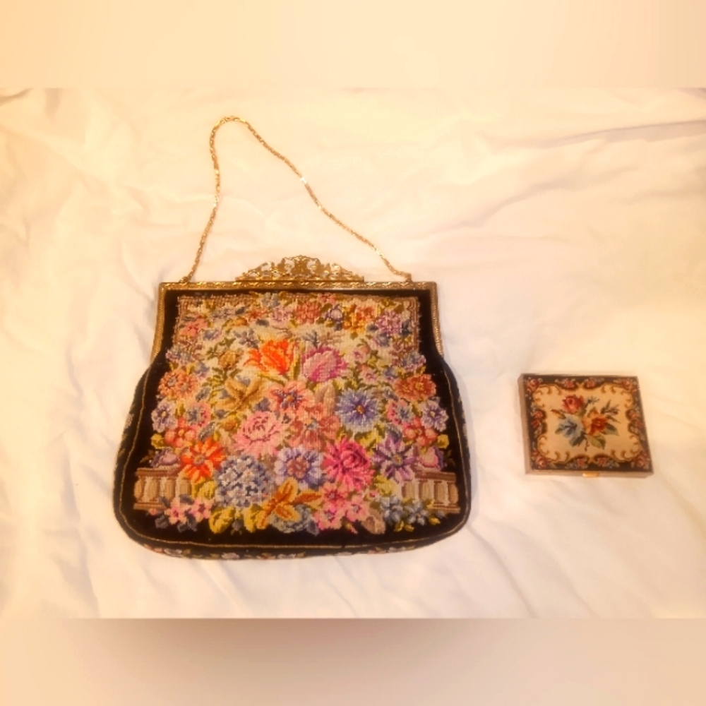 Vintage Schildkraut petite point evening handbag with matching powder case.